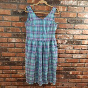 Vintage Victoria Harbor Preppy Sleeveless Plaid Cotton Midi Dress 90s Women's M